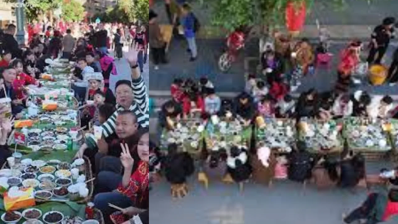 சீனா  புத்தாண்டை வரவேற்றும் விதமாக 3,000 மேஜைகளுடன் பிரமாண்ட தெருவிருந்து!