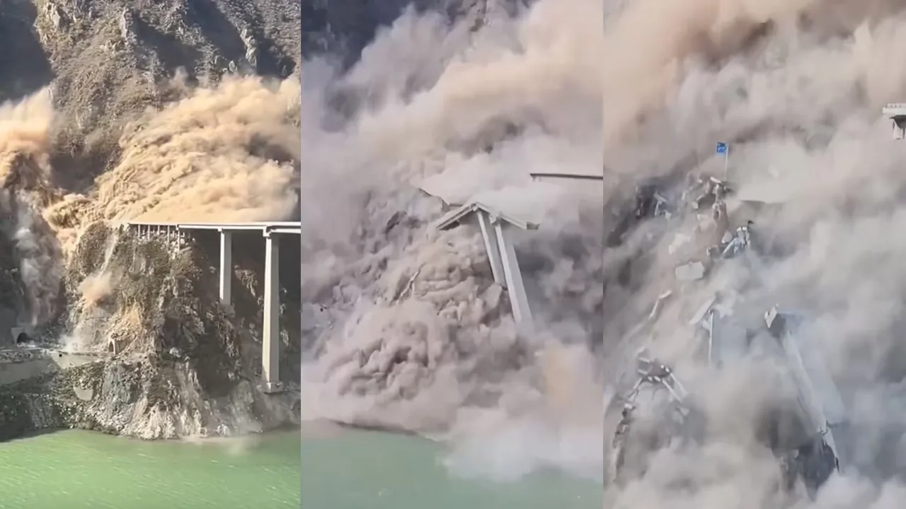 சீனா : நொடிப் பொழுதில் இடிந்து விழுந்த மிகப்பெரிய பாலம்!